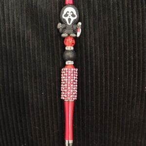 Red and Black Beaded Pen with Ghost Charm